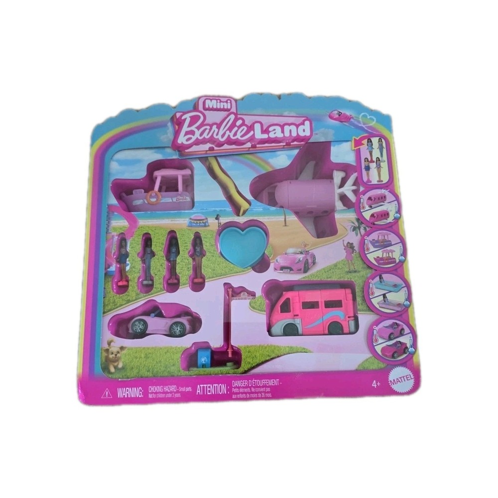 Mini Barbie Land 4 Pack Doll and Vehicle Set DreamCamper Dream Boat Plane